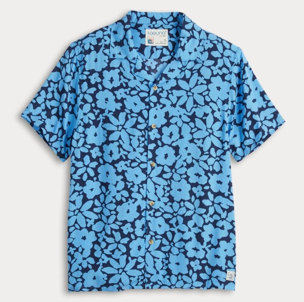 Laguna Doodle Floral Camp Collar Button Up Shirt Mens S Blue Navy Short Sleeve